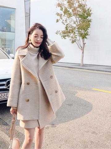 Winter Women Wool Skirt Two Piece Set Solid Button Pocket Long Sleeve Women Jacket and Warm Coat Women Overcoat