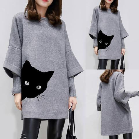 Women Fashion O Neck Cat Print Patchwork Cruise Short Long Sleeve Dress Dress Women Ropa Mujer Women