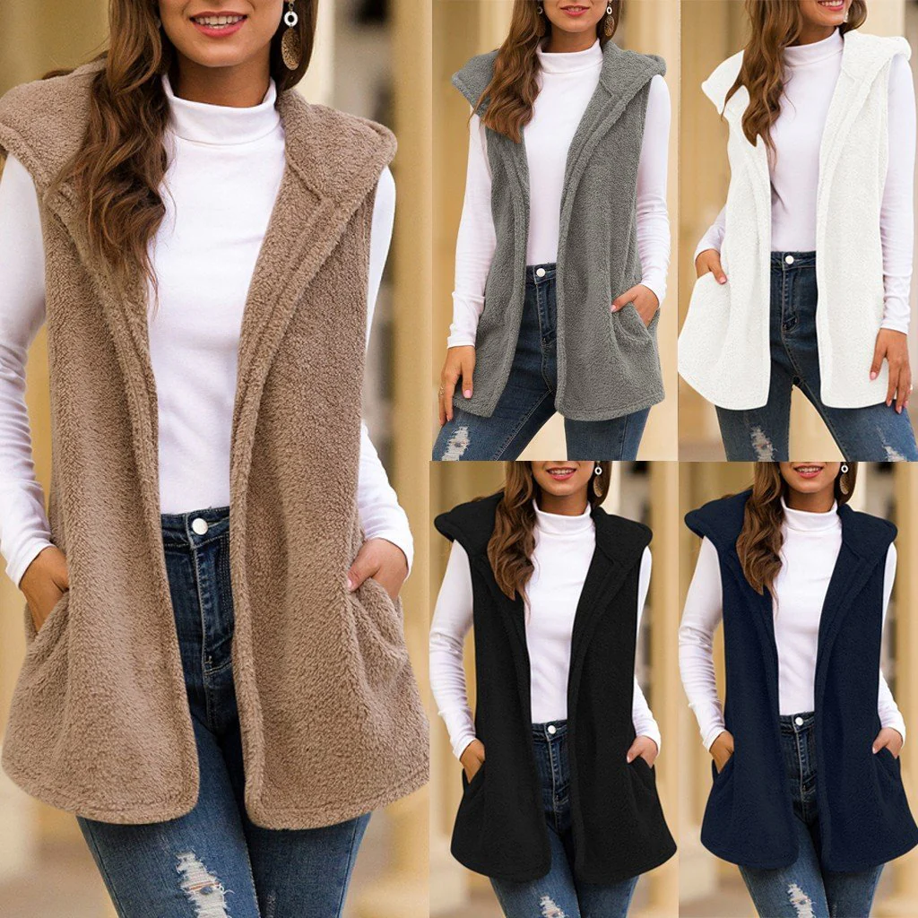 Winter Warm Hooded Sleeveless Vest Women Long Vest Women Waistcoat Sleeveless Jacket Women Hooded Fleece Fur Vest