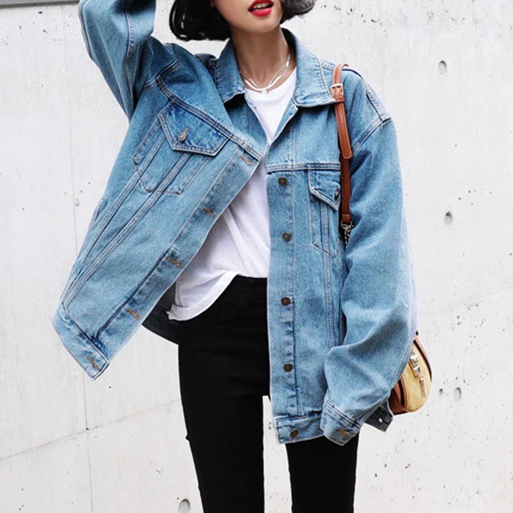 Women winter loose jeans coat long sleeve retro cowboy denim loose casual jacket coat women outwear denim  new