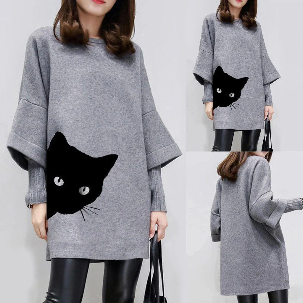 Women Fashion O Neck Cat Print Patchwork Cruise Short Long Sleeve Dress Dress Women Ropa Mujer Women